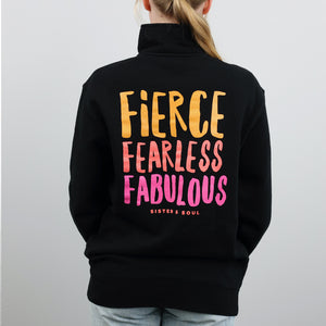 FIERCE FEARLESS FABULOUS Half Zip Crew Jumper - Black