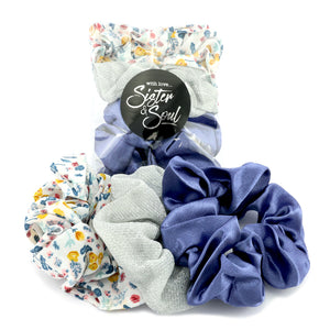 SCRUNCHIES 3 pack - FLORAL BLUE SILVER (S08)