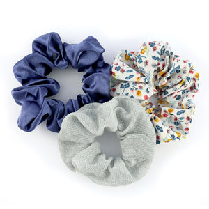 SCRUNCHIES 3 pack - FLORAL BLUE SILVER (S08)