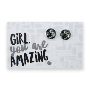 Black & White Collection - Girl You Are Amazing - Bright Silver 12mm Circle Studs - Ebony Bloom (12325)