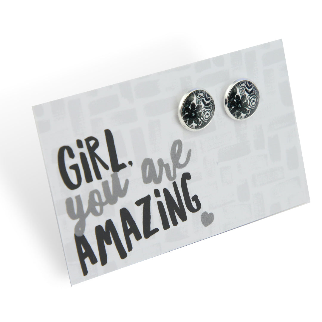 Black & White Collection - Girl You Are Amazing - Bright Silver 12mm Circle Studs - Ebony Bloom (12325)