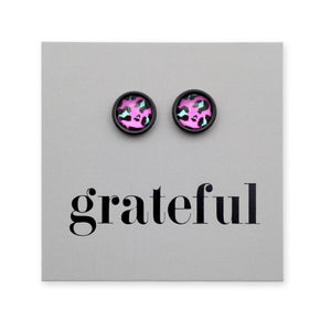 Grateful - Black Stainless Steel 8mm Circle Studs - Magenta Leopard (11335)