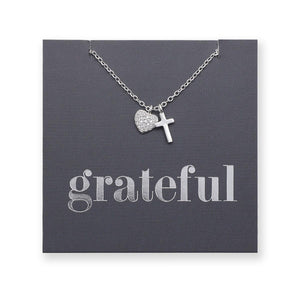 Premium Fine Necklace - 925 Sterling Silver with Cross + CZ Heart - Grateful (11332)