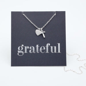 Premium Fine Necklace - 925 Sterling Silver with Cross + CZ Heart - Grateful (11332)