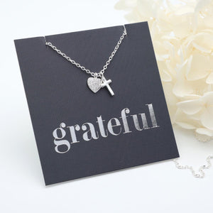 Premium Fine Necklace - 925 Sterling Silver with Cross + CZ Heart - Grateful (11332)