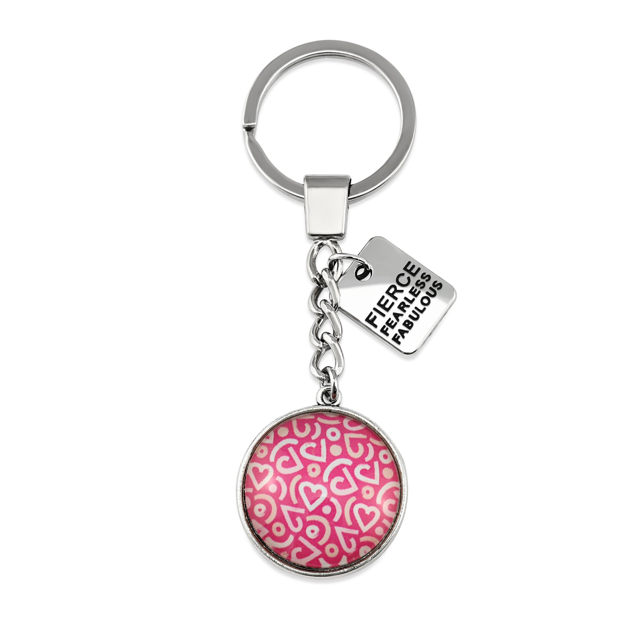 Pink heart print silver keychain pendant with Fierce Fearless Fabulous charm. A fundraising product for the national breast cancer foundation. 