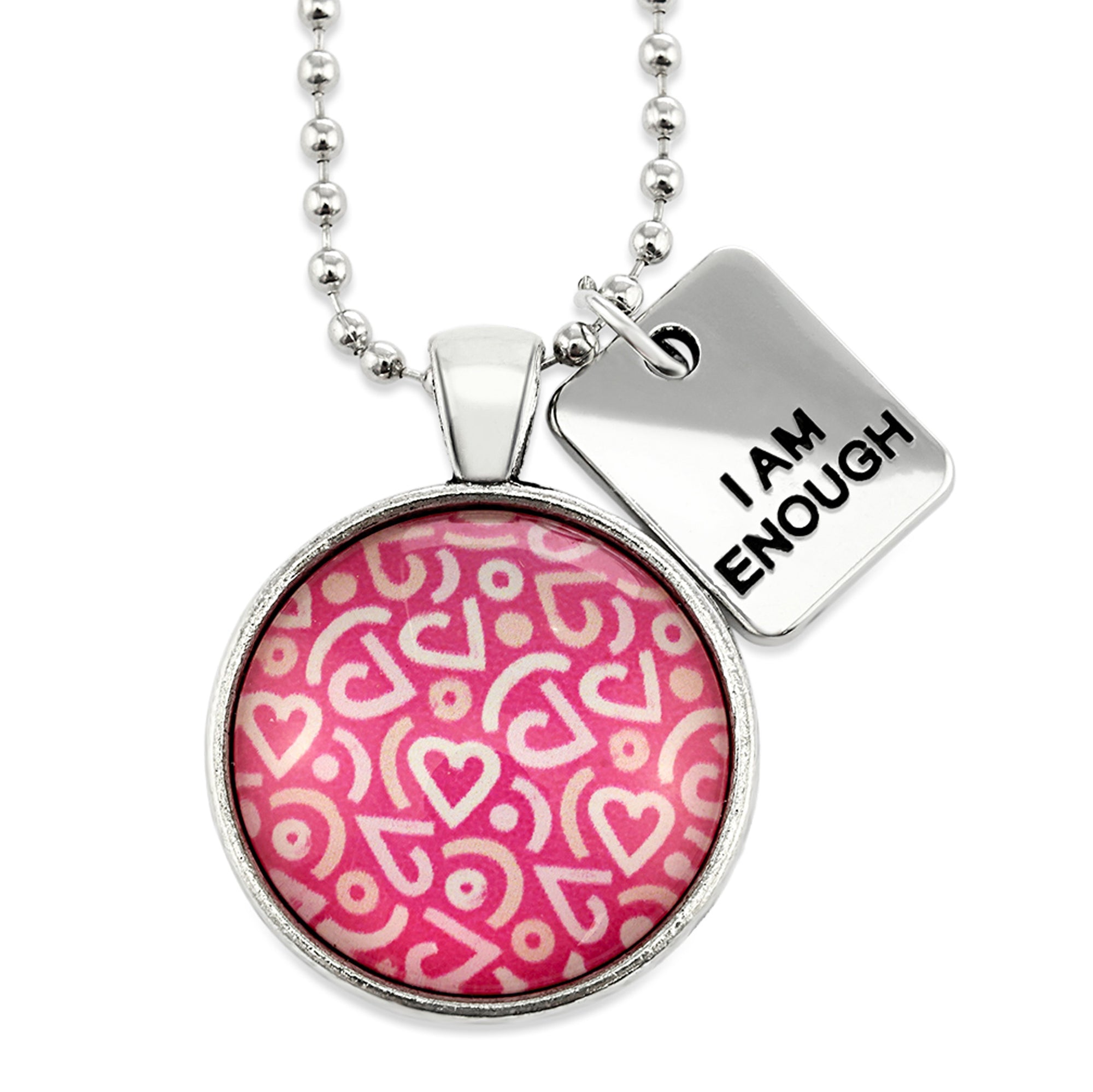 Pink heart print silver circle pendant necklace with 'I Am Enough' charm. A fundraising product for the national breast cancer foundation. 