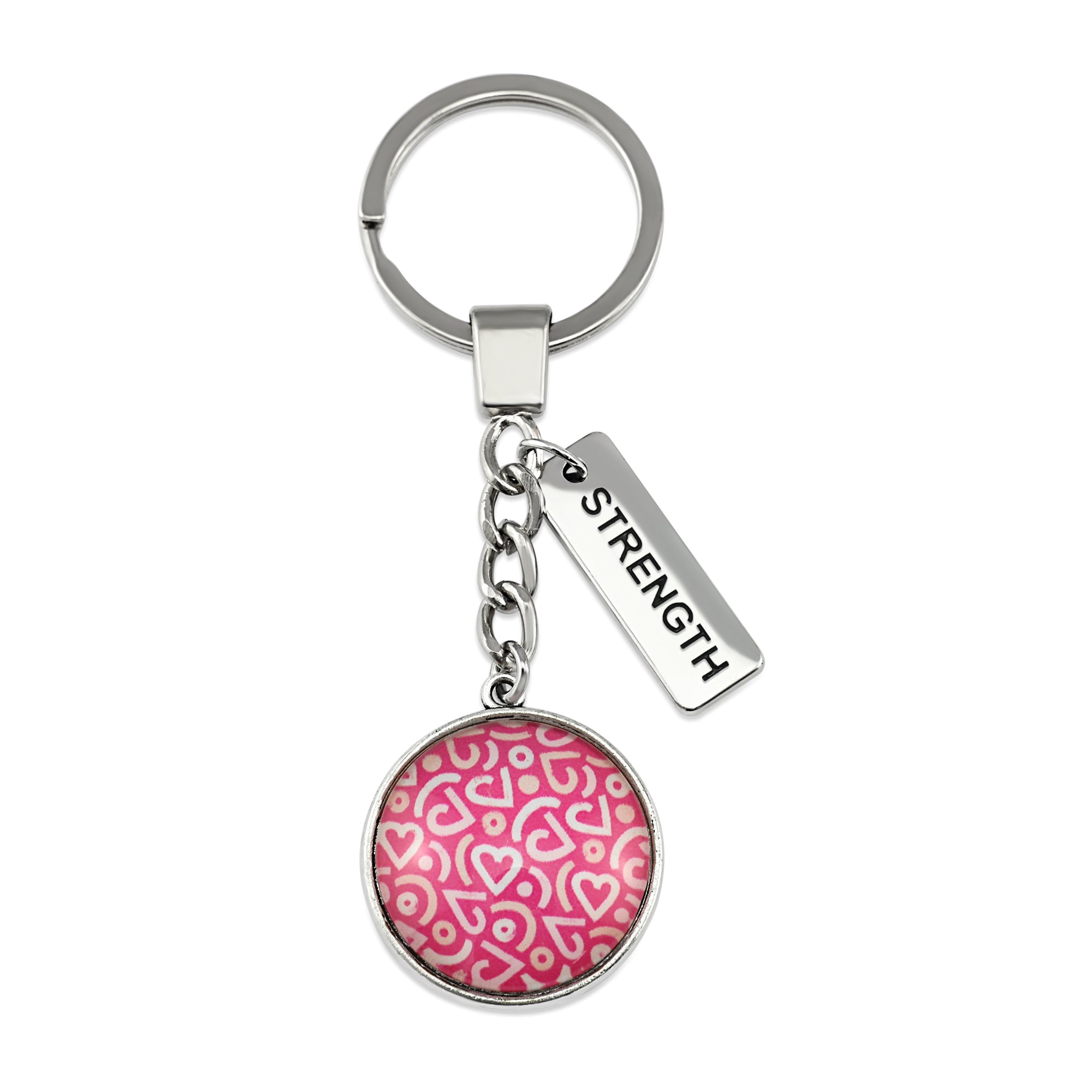 Pink heart print silver keychain pendant with strength charm. A fundraising product for the national breast cancer foundation. 