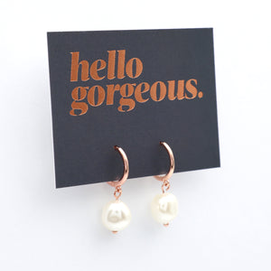 HUGGIES - Hello Gorgeous - 18K Rose Gold Sterling Silver Hoops with Drop Pearl Charm (11244)