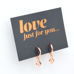 HUGGIES - Love Just For You- 18K Rose Gold Sterling Silver Hoops with Diamond Shaped Charm (8312-R)