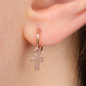 HUGGIES - Love Just For You - Rose Gold Sterling Silver Hoops with Cross Charm (11512)