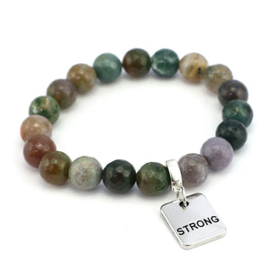 Stone Bracelet - Indian Agate Faceted Mixed 10mm Beads - with Silver Word Charm