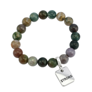 Stone Bracelet - Indian Agate Faceted Mixed 10mm Beads - with Silver Word Charm