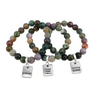 Stone Bracelet - Indian Agate Faceted Mixed 10mm Beads - with Silver Word Charm