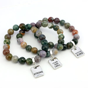 Stone Bracelet - Indian Agate Faceted Mixed 10mm Beads - with Silver Word Charm