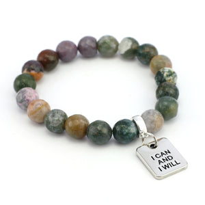 Stone Bracelet - Indian Agate Faceted Mixed 10mm Beads - with Silver Word Charm