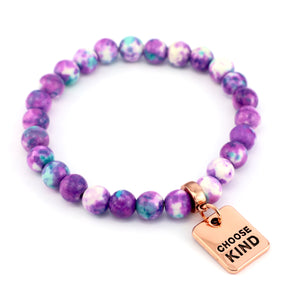 Stone Bracelet - Indigo & Aqua Patch Agate Stone 8mm Beads - With Rose Gold charm