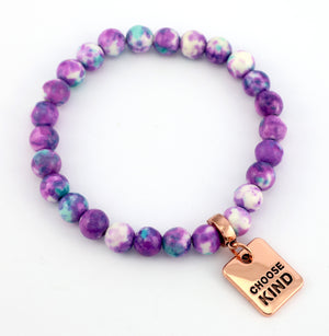 Stone Bracelet - Indigo & Aqua Patch Agate Stone 8mm Beads - With Rose Gold charm