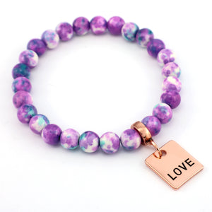 Stone Bracelet - Indigo & Aqua Patch Agate Stone 8mm Beads - With Rose Gold charm