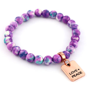 Stone Bracelet - Indigo & Aqua Patch Agate Stone 8mm Beads - With Rose Gold charm