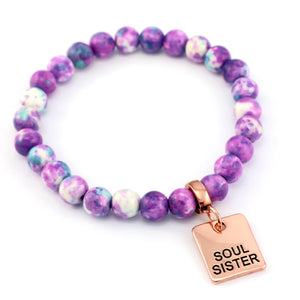 Stone Bracelet - Indigo & Aqua Patch Agate Stone 8mm Beads - With Rose Gold charm