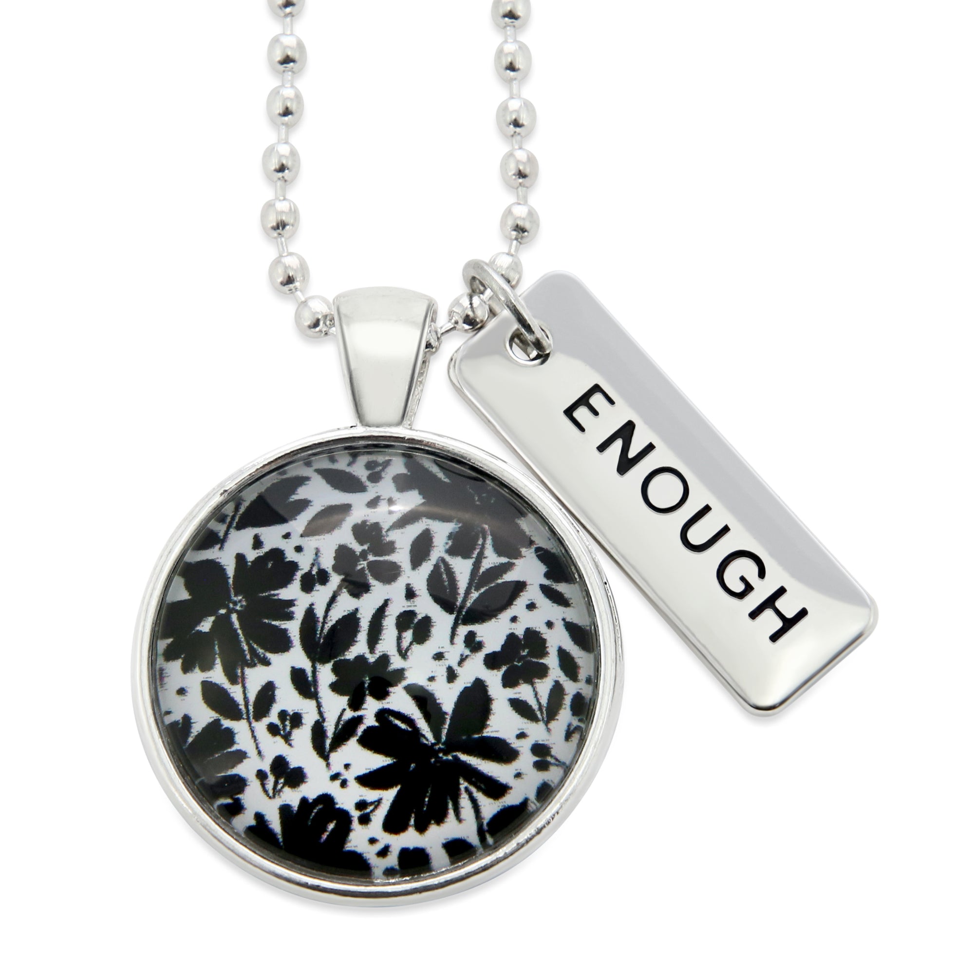 Black & White Collection - Bright Silver 'ENOUGH' Necklace - Inky Buds (10852)