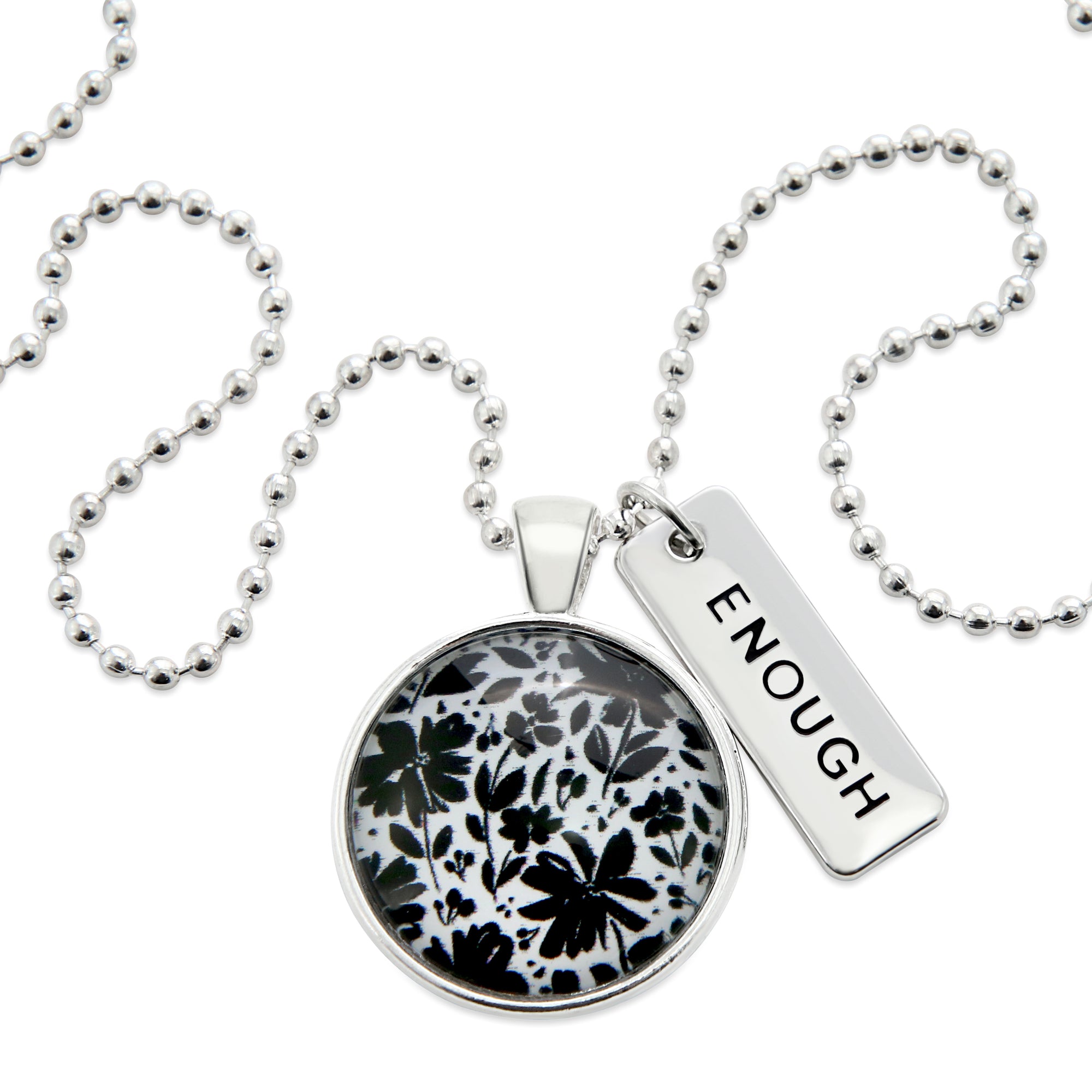 Black & White Collection - Bright Silver 'ENOUGH' Necklace - Inky Buds (10852)