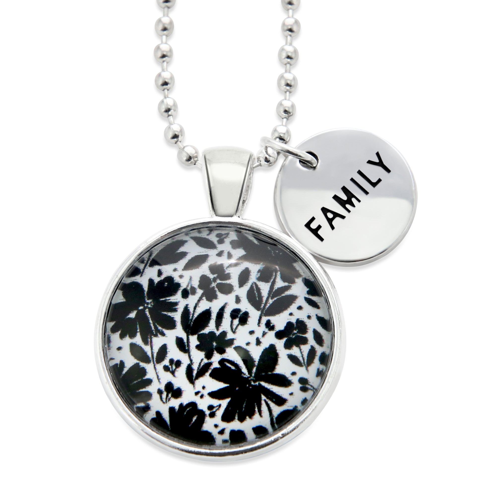 Black & White Collection - Bright Silver 'FAMILY' Necklace - Inky Buds (10812)