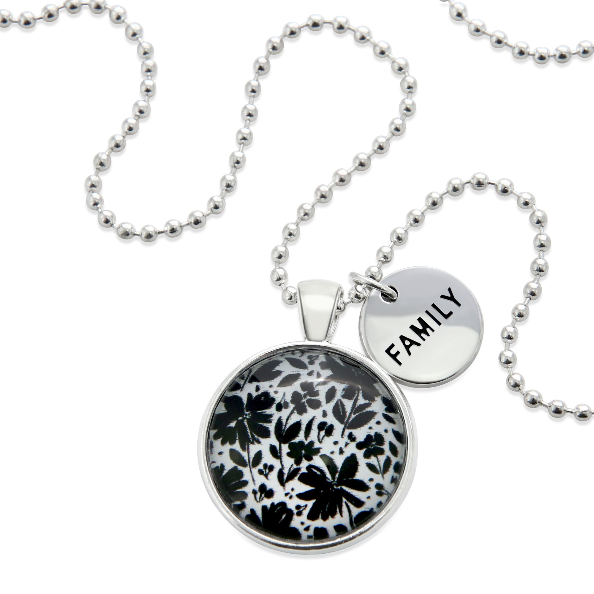 Black & White Collection - Bright Silver 'FAMILY' Necklace - Inky Buds (10812)