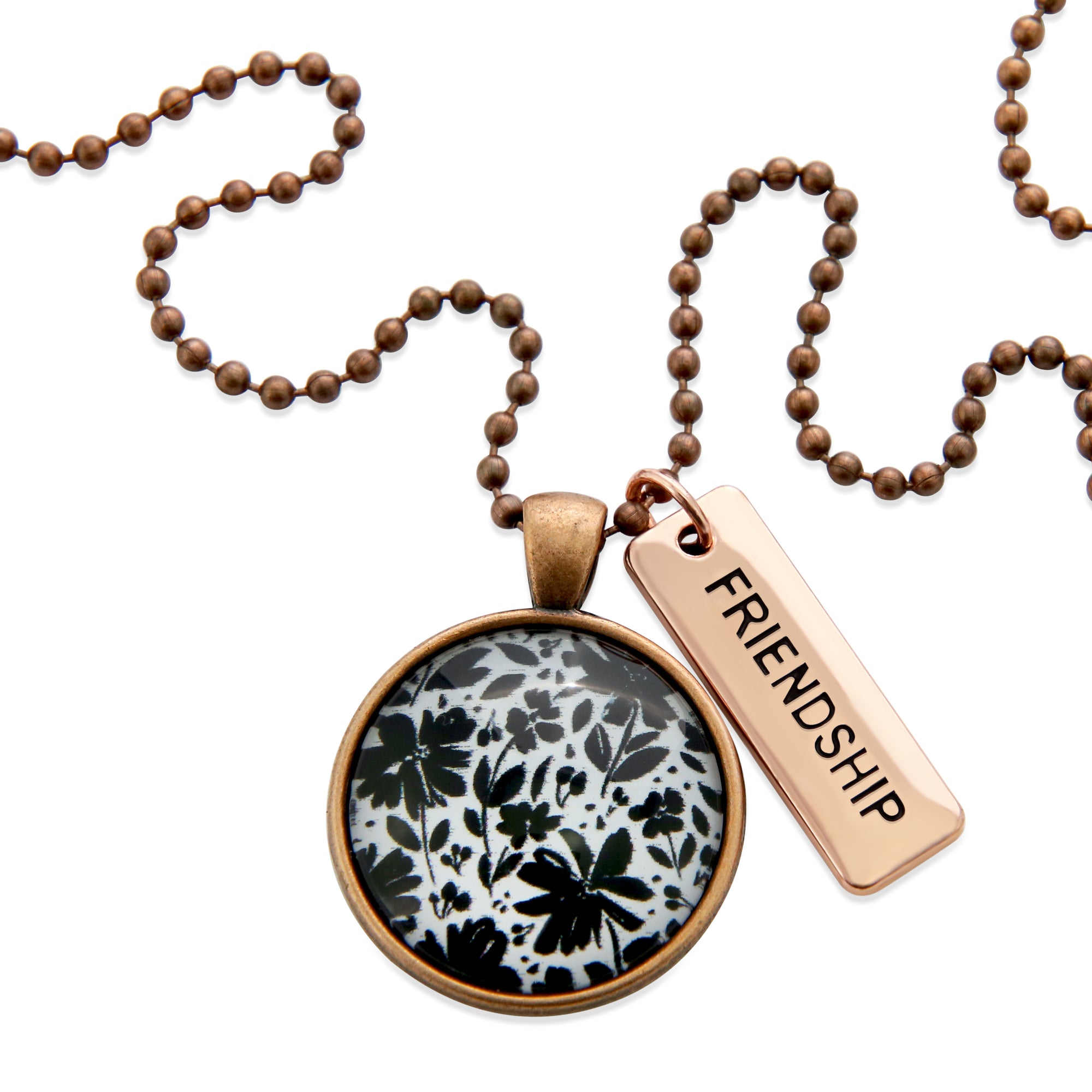 Black & White Collection - Vintage Copper 'FRIENDSHIP' Necklace - Inky Buds (10635)