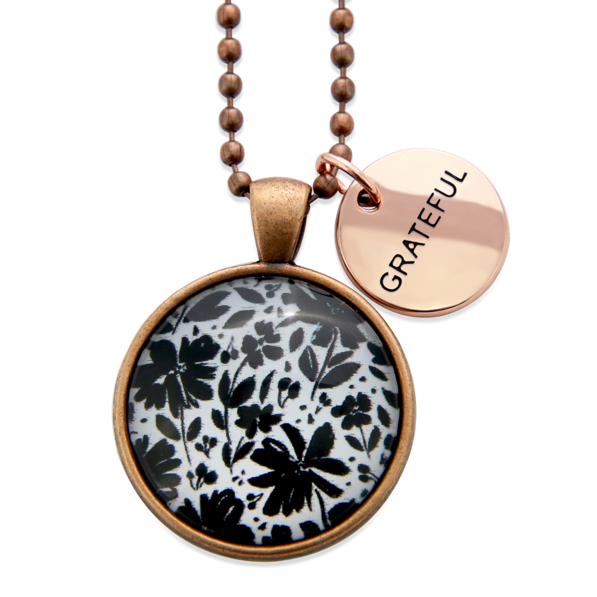 Black & White Collection - Vintage Copper 'GRATEFUL' Necklace - Inky Buds (10661)