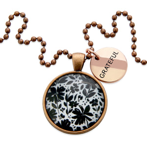 Black & White Collection - Vintage Copper 'GRATEFUL' Necklace - Inky Buds (10661)