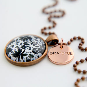 Black & White Collection - Vintage Copper 'GRATEFUL' Necklace - Inky Buds (10661)