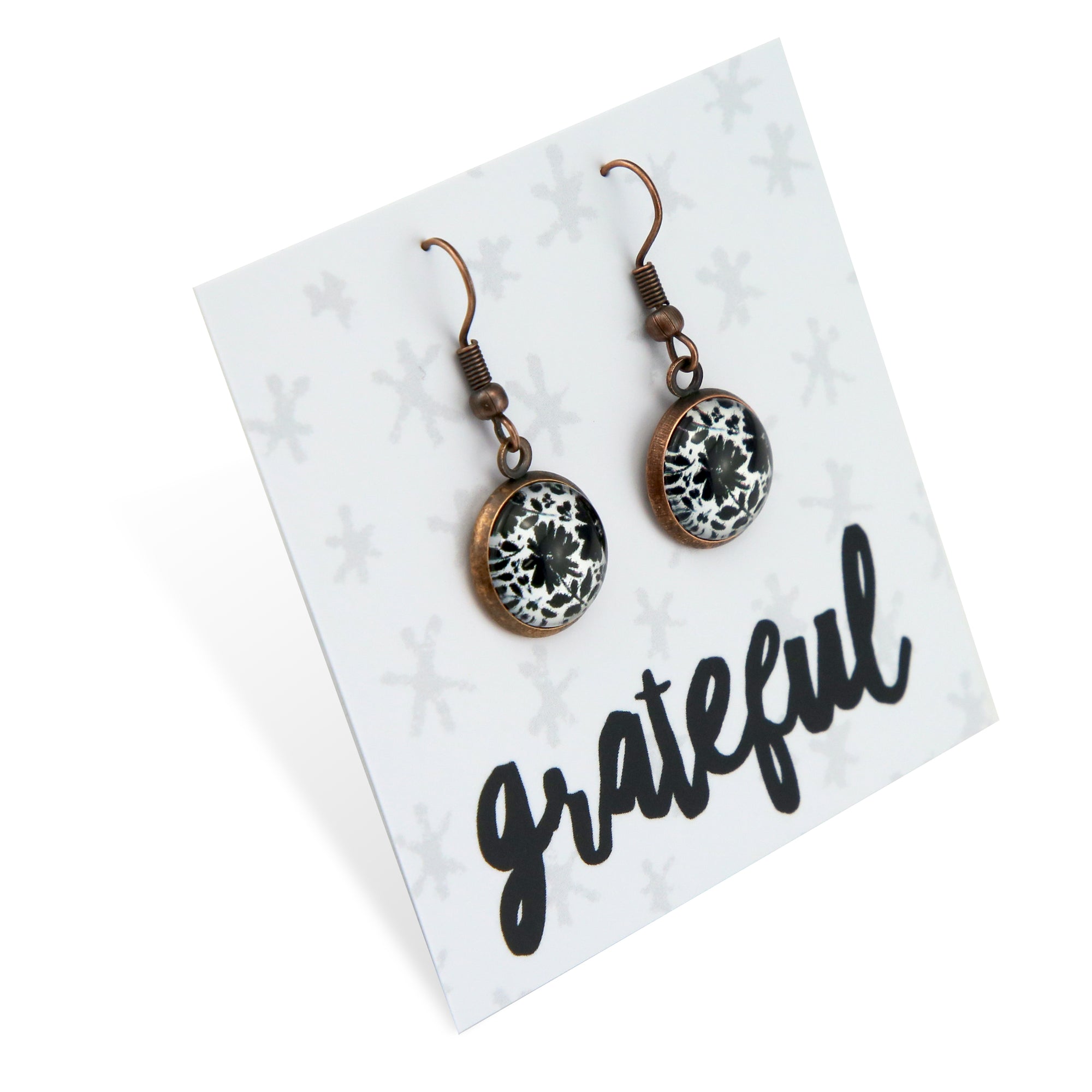 Black & White Collection - Grateful - Vintage Copper Dangle Earrings - Inky Buds (12545)