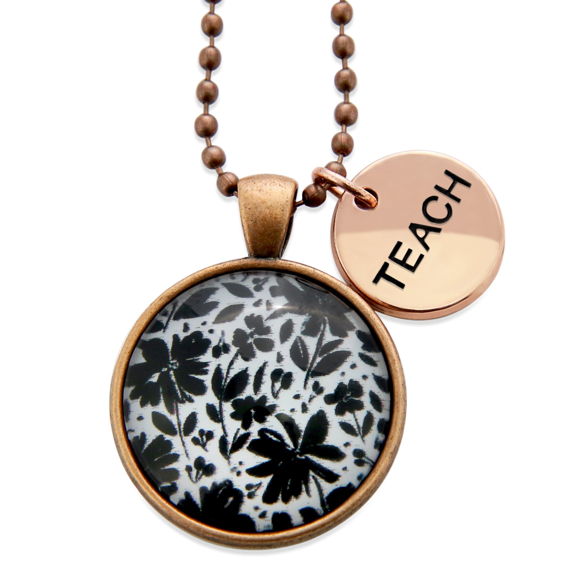Black & White Collection - Vintage Copper 'TEACH' Necklace - Inky Buds (10615)