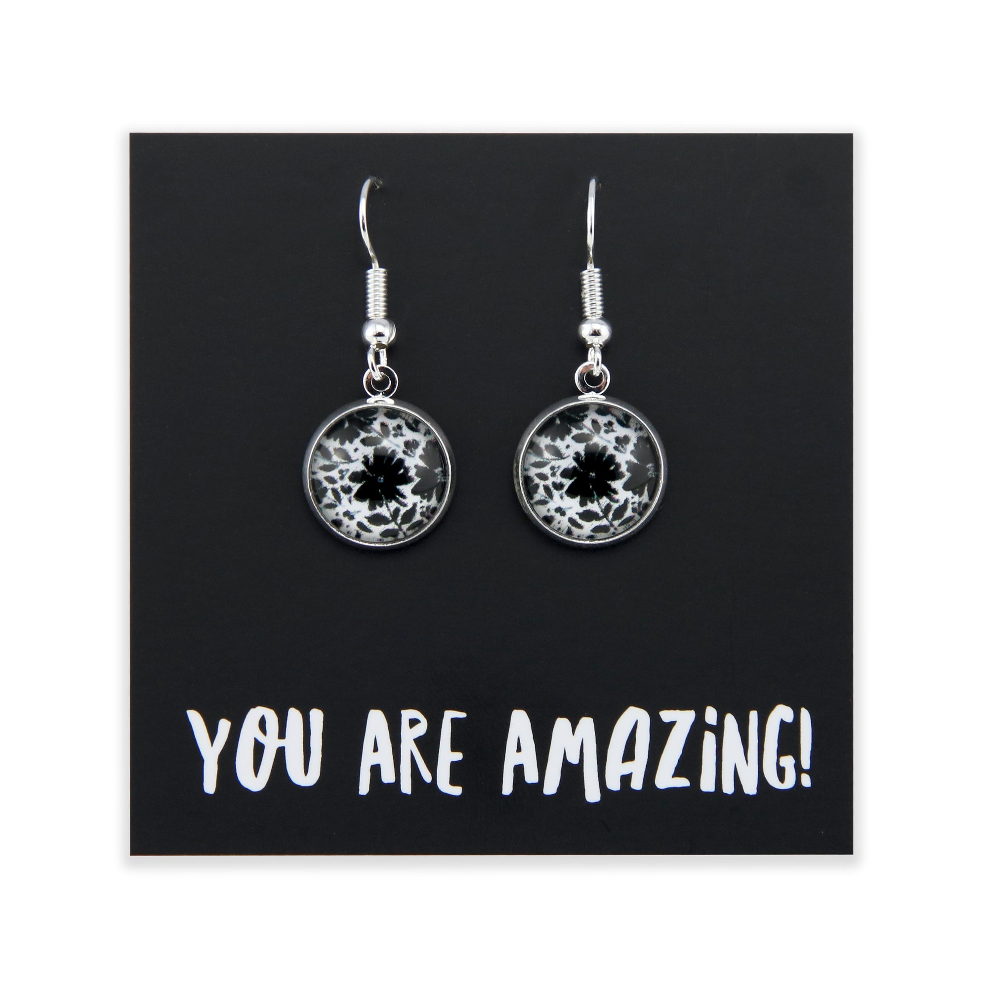 Black & White Collection - You Are Amazing - Bright Silver Dangle Earrings - Inky Buds (12554)