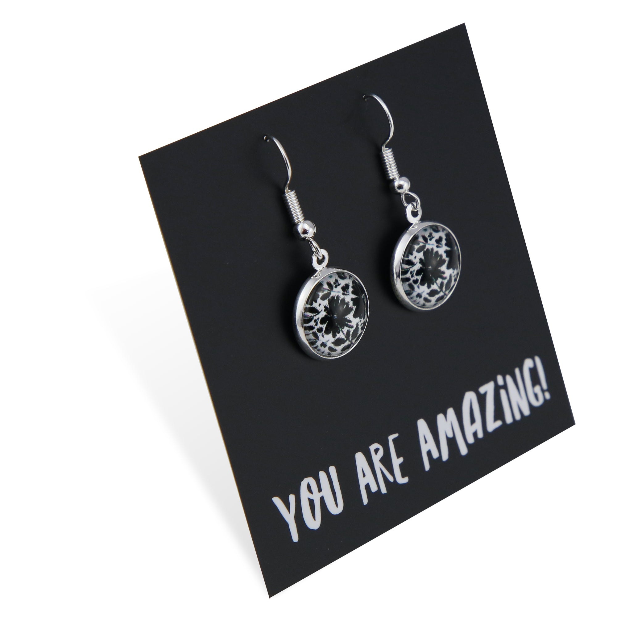 Black & White Collection - You Are Amazing - Bright Silver Dangle Earrings - Inky Buds (12554)