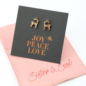 Stainless Steel Earring Studs - Joy Peace Love - STANDING REINDEER