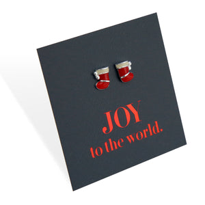 Red Stocking - JOY TO THE WORLD - Sterling Silver & Enamel Studs (2106-F)