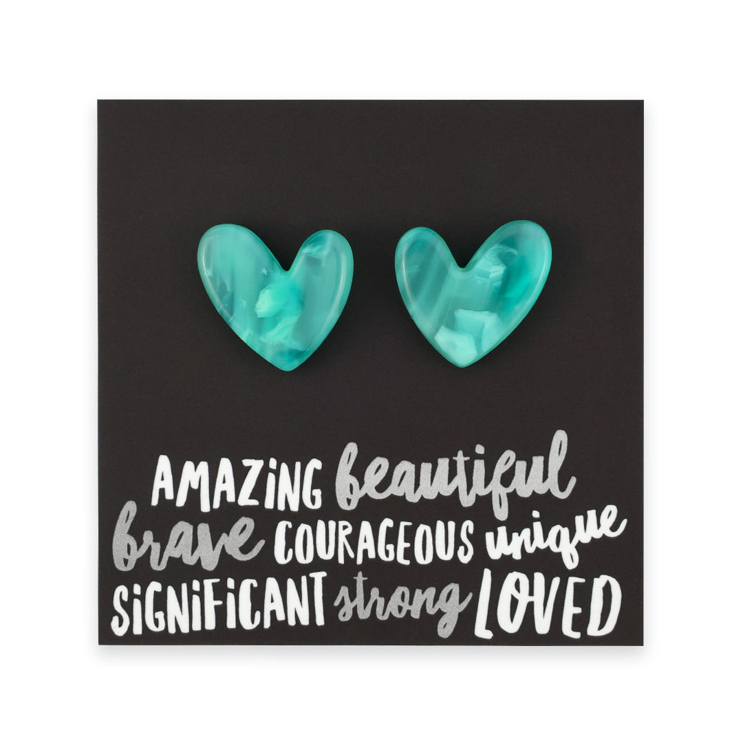 RESIN HEART STUDS - Amazing Beautiful Brave - Lagoon (11812)