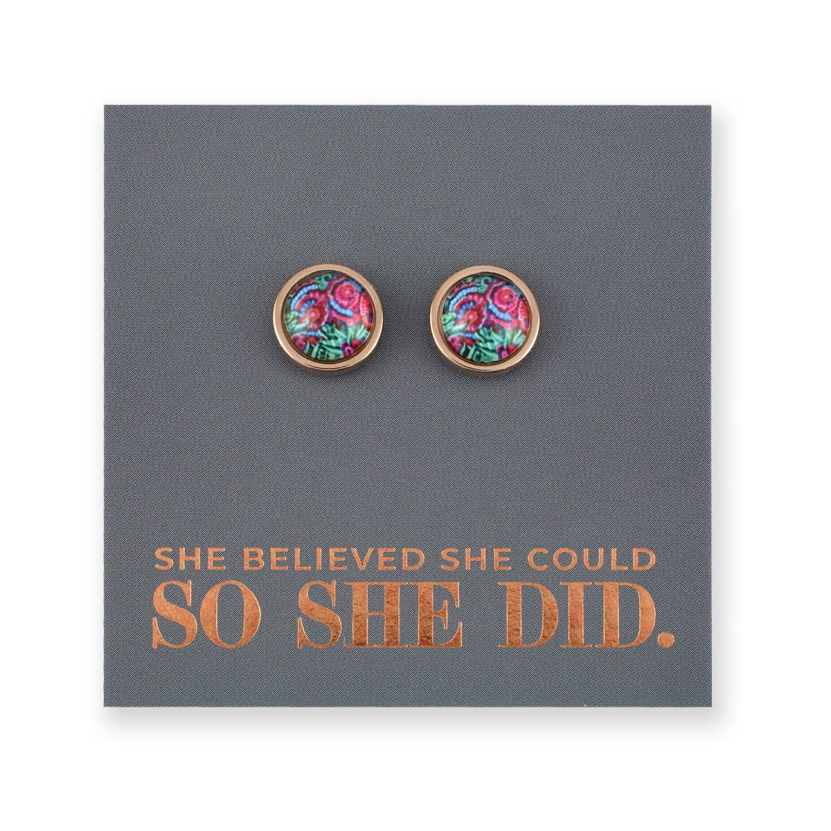 FLORAL WONDERS - She Believed She Could - 8mm Stainless Steel Circle Studs Rose Gold - LILLIAN(9904-R)