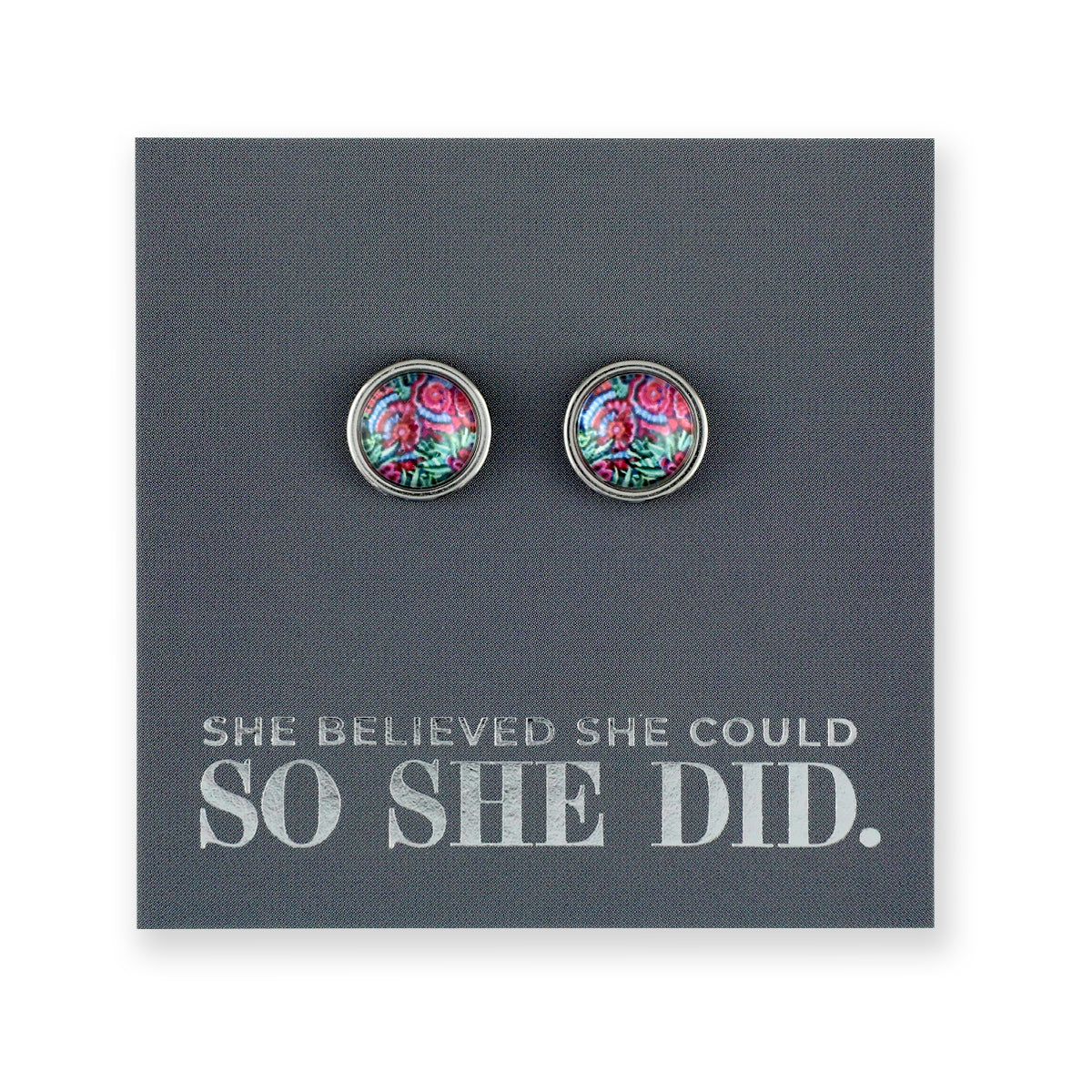 FLORAL WONDERS - She Believed She Could - 8mm Stainless Steel Circle Studs Silver - LILLIAN (9904-F)