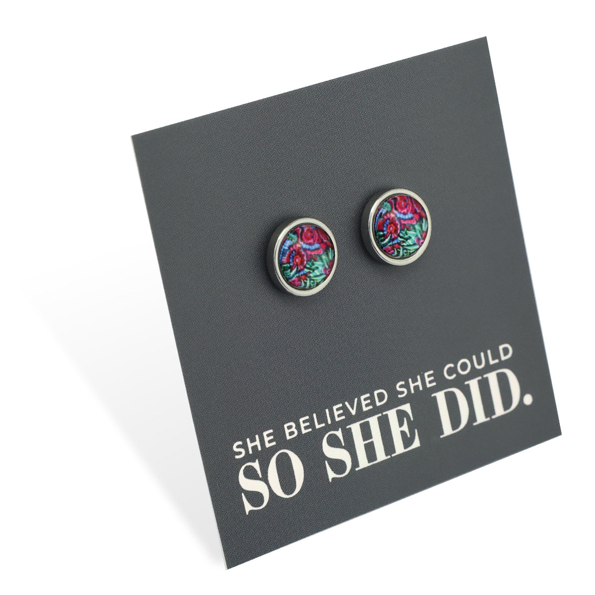 FLORAL WONDERS - She Believed She Could - 8mm Stainless Steel Circle Studs Silver - LILLIAN (9904-F)