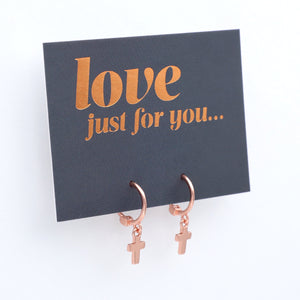 HUGGIES - Love Just For You - Rose Gold Sterling Silver Hoops with Cross Charm (11512)