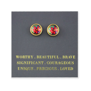 FLORAL WONDERS - Worthy Beautiful Brave - 8mm Stainless Steel Circle Stud Gold - MIA  (9901-F)