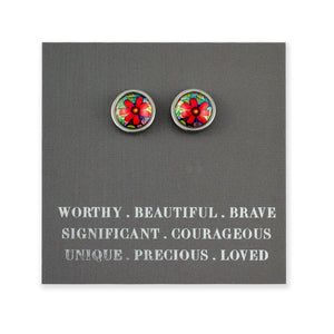 FLORAL WONDERS - Worthy Beautiful Brave - 8mm Stainless Steel Circle Stud Silver - MIA (9901-R)