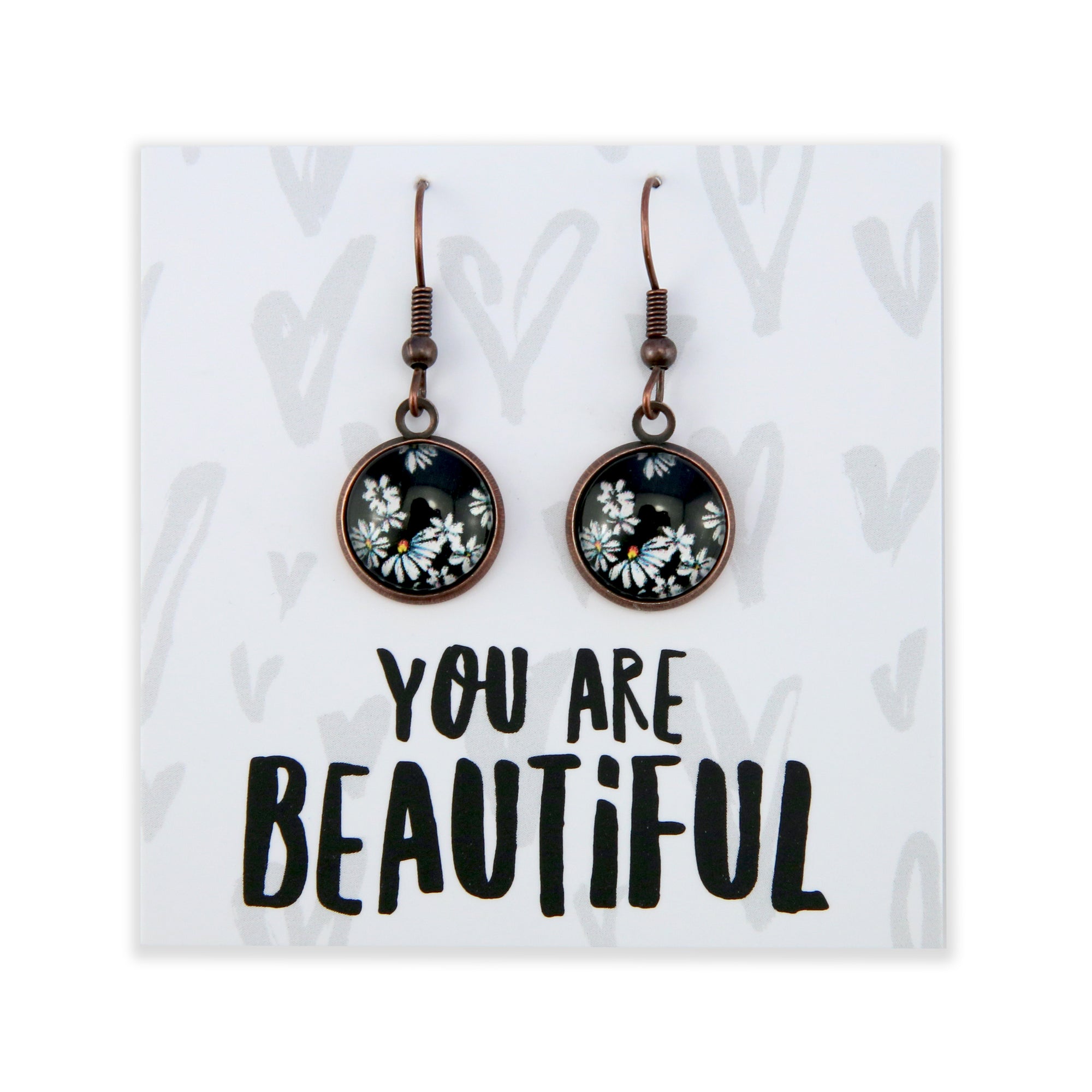 Black & White Collection - You Are Beautiful - Vintage Copper Dangle Earrings - Daisy Town (12742)