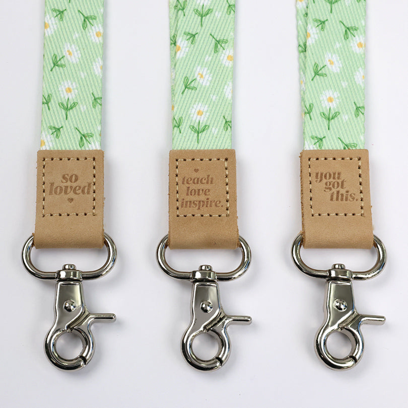 Mint green floral teacher lanyard with gold clip. Choose from so loved, teach love inspire or you got this. 