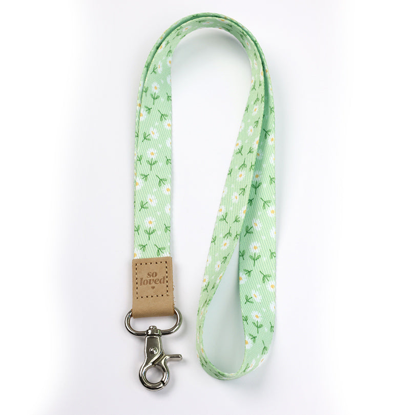 Mint green floral teacher lanyard with gold clip. Choose from so loved, teach love inspire or you got this. 