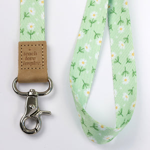 Mint green floral teacher lanyard with gold clip. Choose from so loved, teach love inspire or you got this. 